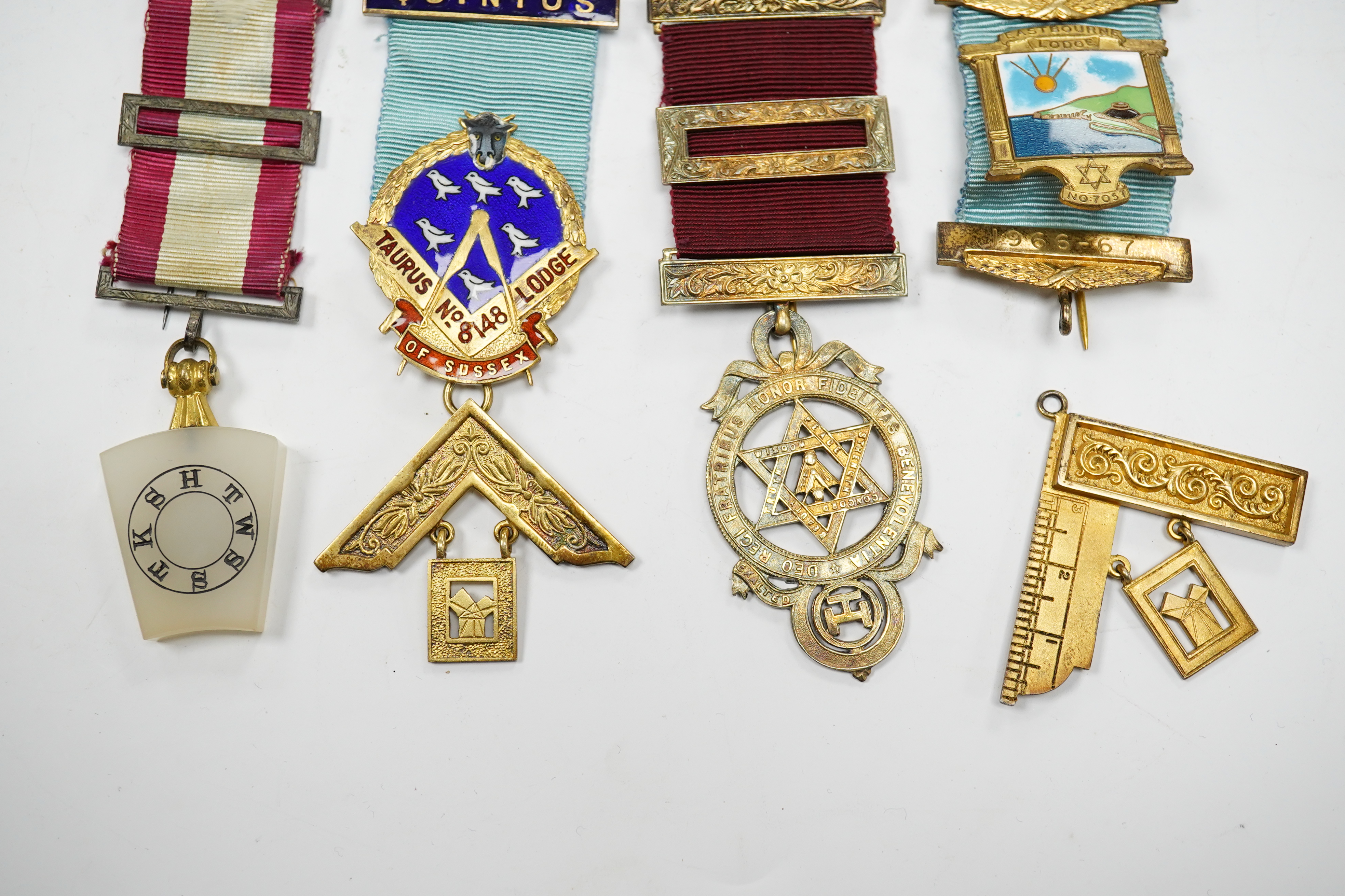 Masonic medals some silver gilt and enamel, to include Eastbourne Lodge and Taurus No 8148 Lodge of Sussex. Condition - fair to good